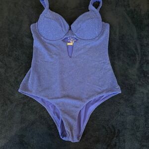 Vetchy Blue Metallic Ribbed Underwire One‎ Piece Swimsuit Cutout XXL
